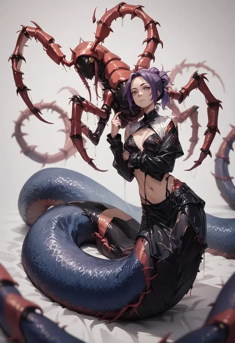 Centipede girl. Lamia style. image color black. Black body and blue leg Centipede. Antennae. Short ponytail. Purple hair. Forehead.