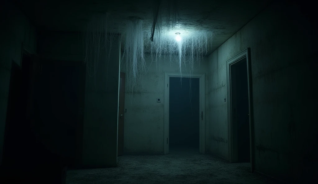 Cobwebs in the corners of the ceiling glint faintly in the moonlight, adding an atmospheric touch of neglect and age. Mystical and eerie atmosphere with moonlight filtering into a dark apartment room at night.