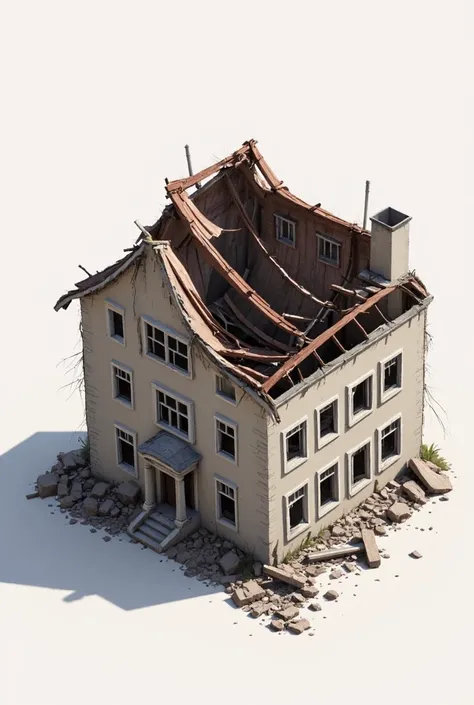 attack on titan style, white background, house, roof top angle, damages, no person