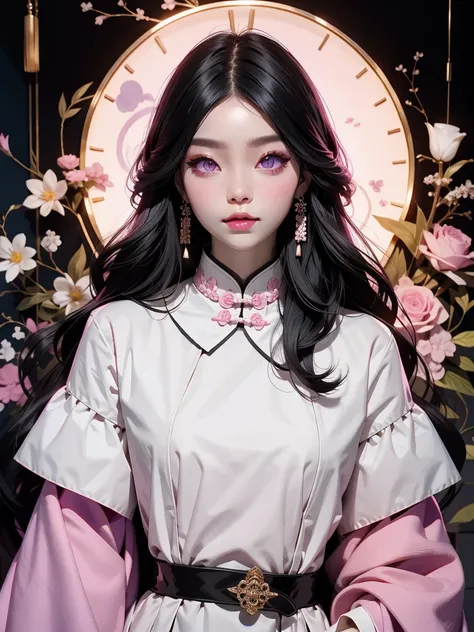 Black hair with a white lock Chinese white skin extremely beautiful pink lips, violet eyes, 