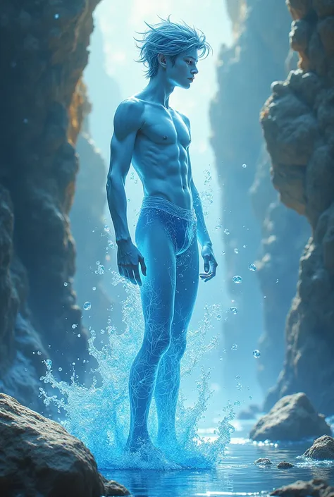 a transparent young adult man who is made of water, painted in fantasy style