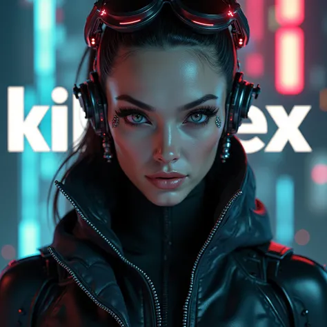 1girl, ai, fierce face, accessories, With a text Kixxex at the background