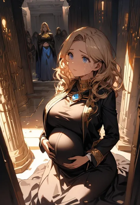 (  masterpieces at the front door of the house  ,  top quality:1.2),  1 girl ,  milf, mature woman,  wavy blond hair , Pregnant woman kneeling ,  blue eyes, (Luxurious blue monk uniform framed with gold), Fantasy Saints , (((Im in tears and Im filled with ...