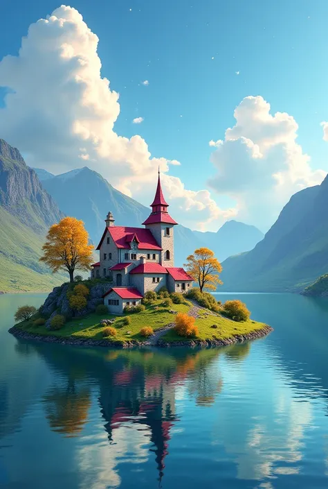 A colourful fantasy house situated on a hill island with beautiful English trees on a lake surrounded by beautiful irish mountains. Several lightly coloured clouds are whirling mystically and dynamicall. Several twinkling little stars can be seen in the di...