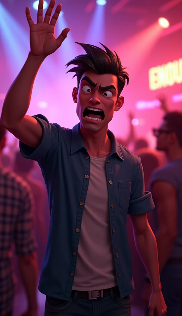 (Disney Pixar style), an angry young man saying enough with his hand,  in a nightclub, (funny, funny, humor)