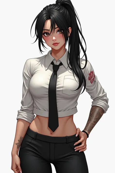 Female, athletic, feminine body, medium sized breasts and butt, scars on arms and scars on face, long, straight black hair with messy ends tied in a ponytail. Her secretary outfit consists of a white blouse with a black tie and a tight skirt. However, outs...