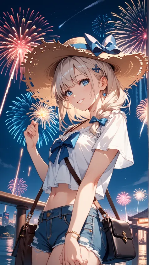 featuring a young woman standing in front of a vibrant fireworks display. She has a fair complexion and large, expressive eyes with a gentle smile. Her hair is short and brown, styled with a straw hat adorned with a small ribbon. She wears a white, short-s...