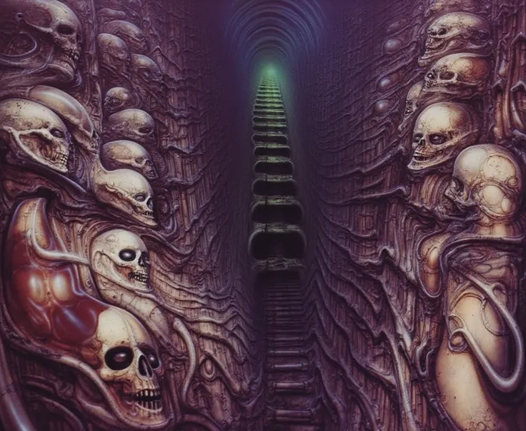 g1g3r, Giger_style, The image is a detailed view of H.R. Gigers " NYC " plate, featuring a complex network of bones and constructions.
 The image depicts a dense, vertical arrangement of skeletal figures and faces, tightly packed and interconnected. The ov...