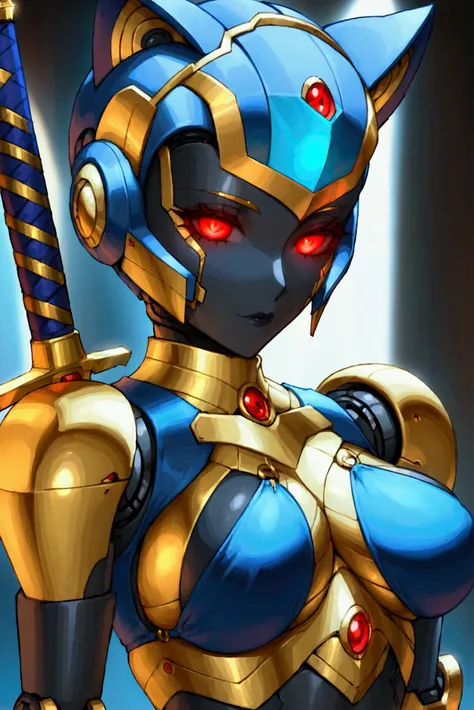  Female Robot ,  holding a sword , gold metallic skin,  wearing dark blue bikini armor, Cat ears,  skinhead,  red glowing eyes , Robot Face,  Robot Joints ,  big breasts,  Slim waist, Small Ass