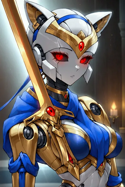  Female Robot ,  holding a sword , gold metallic skin,  wearing dark blue bikini armor, Cat ears,  skinhead,  red glowing eyes , Robot Face,  Robot Joints ,  big breasts,  Slim waist, Small Ass