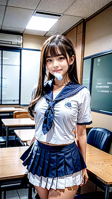 masterpiece,Product quality, 1 Japanese young and cute girl  ,  high school girl,18 years old,smile,(  taken from below   :1.3),( Taimo emphasis :1.3),Daytime, (High school classroom:1.2),( short sleeve shirt  :1.3),(  high school girls uniform,  sailor su...