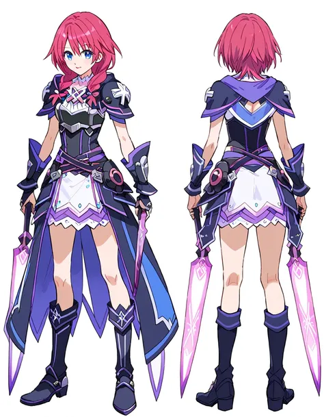 girl, solo, variety of hairstyles, (((before and after))), (((from behind))), ((white background)), multiple views, shining costume magical girl, precure face,   kingdom hearts, gauntlets, full body, Hyperdimension Neptunia, long boots, armor, coat,
holdin...