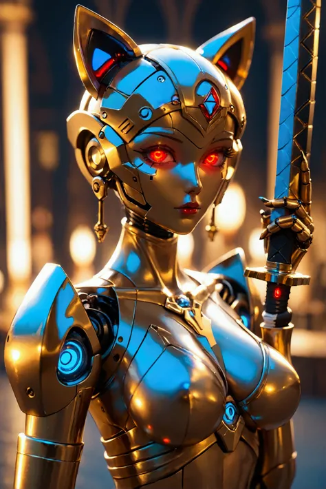  Female Robot ,  holding a sword , gold metallic skin,  wearing dark blue bikini armor, Cat ears,  skinhead,  red glowing eyes , Robot Face,  Robot Joints ,  big breasts,  Slim waist, Small Ass