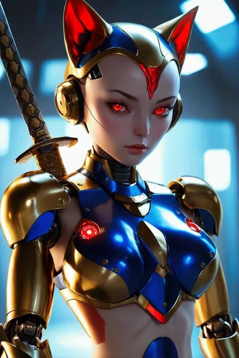  Female Robot ,  holding a sword , gold metallic skin,  wearing dark blue bikini armor, Cat ears,  skinhead,  red glowing eyes , Robot Face,  Robot Joints ,  big breasts,  Slim waist, Small Ass