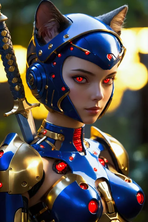  Female Robot ,  holding a sword , gold metallic skin,  wearing dark blue bikini armor, Cat ears,  skinhead,  red glowing eyes , Robot Face,  Robot Joints ,  big breasts,  Slim waist, Small Ass