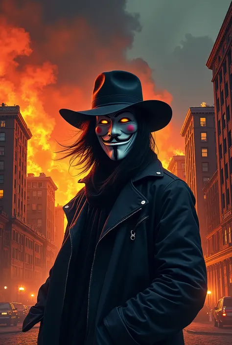 Create a drawing for the cover of my song :
 1- The image should be in the newscast style of an old TV with a lot of noise
2- there must be a masked character in the ANONYMOUS style
3- The background must be a city with buildings on fire