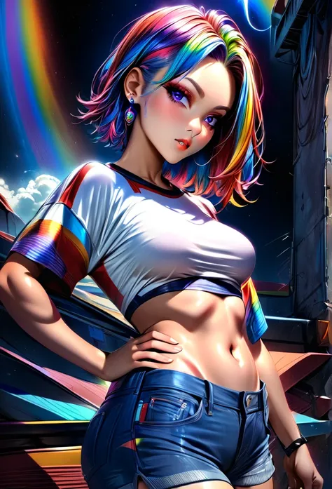 1girl, solo, medium hair, hair behind ear, earrings, Sapphire-embedded earrings, shiny hair, hair strand, rainbow hair, medium breasts, tube-top, bare navel, short pants, blue denim pants, bare legs, Red high-cut sneakers, Right hand on the hip, looking at...