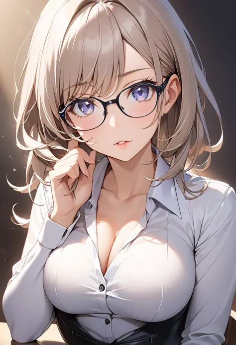 Intelligent woman wearing glasses  , tutor,  white blouse with open collar , Tight suit skirt,  sexy style,  viewer, Provocative upward glance, Attractive chest,   gestures to adjust glasses,  Portrait Style 