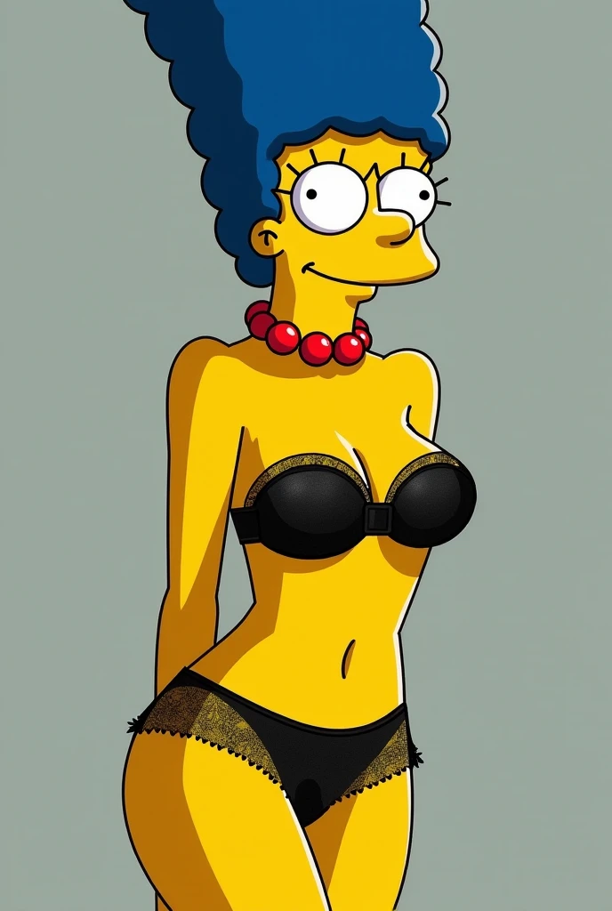 Straight hair Marge Simpson in black see through thong with see through bra