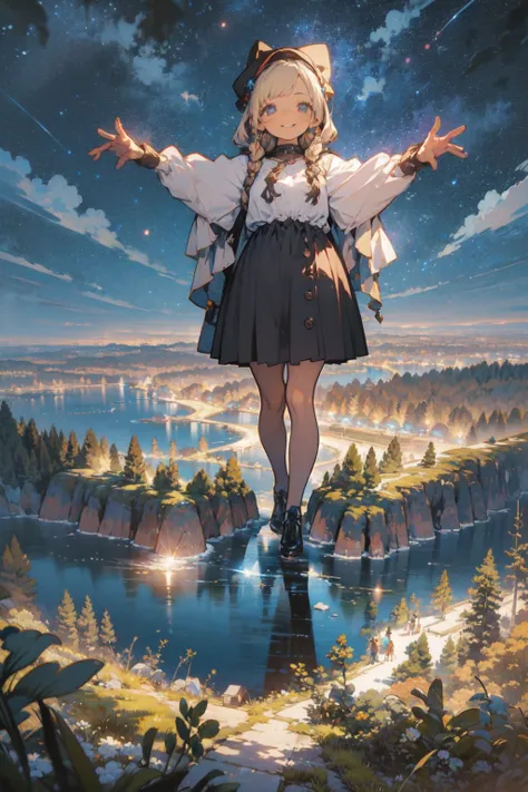 ((masterpiece,Best Quality,   Details)), full body, panorama, (((long shot))), ((Distant view)), Vast landscape, aerial view, ( 1 girl:1.2), Alone,happy, open arms, ( charming smile in a crowd:1.3), standing , looking up,  (sea:1.3),(Starry Sky:1.3) ,  exp...