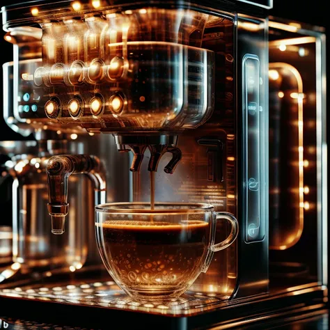 glasstech,scifi,  transparent  ,coffee machine , detailed background