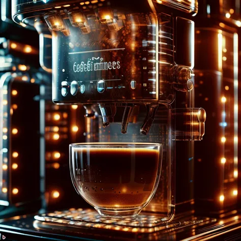 glasstech,scifi,  transparent  ,coffee machine , detailed background