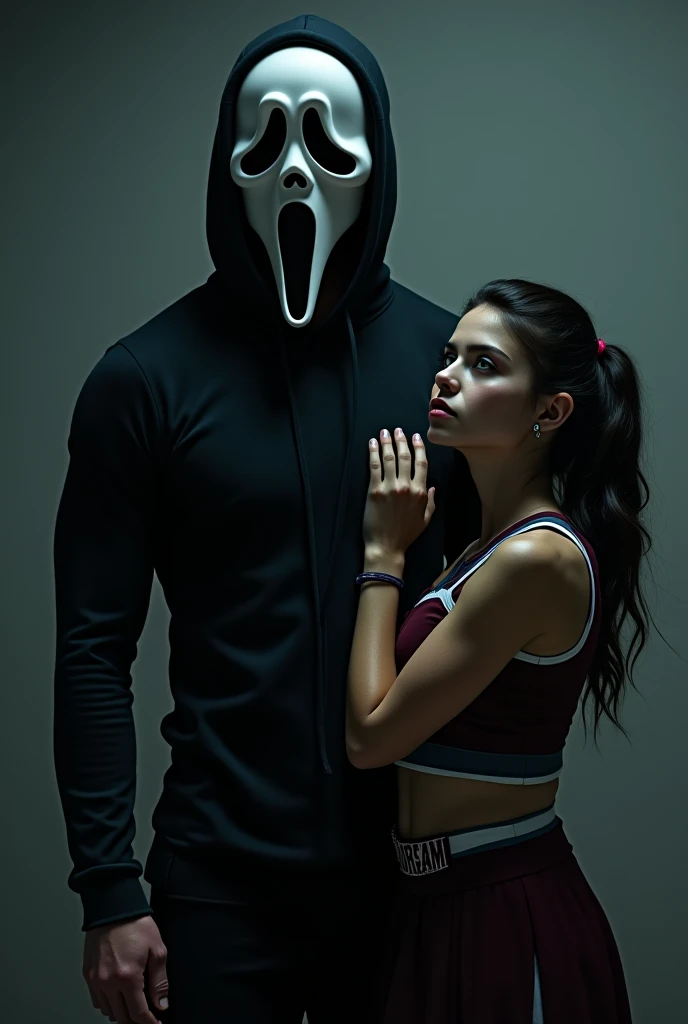 I want a photo with a dark climate ,  showing a guy wearing a ghost mask but with dark hair showing the show ,  he has a totally black pressure shirt showing his strong muscle,  while one has her back in front of her chest ,  the left hand is on the neck a...