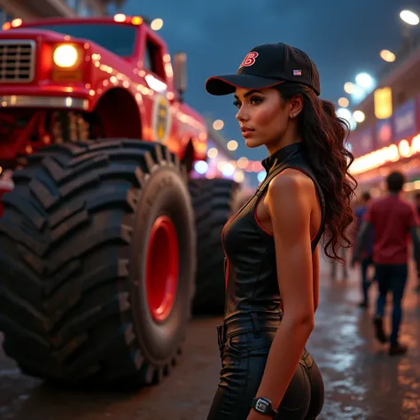 brunette 21 years old softly curly pitgirl touching a monster truck at monster truck event, night, people on crowded strads at background, bodyfitting pitgirl with brands catsuit and cap, pilots and other pitgirls at background , perfect body, beautyfull b...