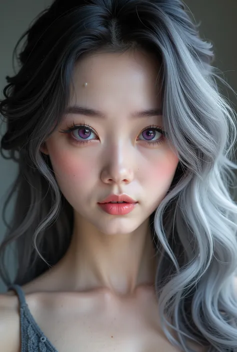 Hair 75% black and 25% white, Chinese with white skin, extremely beautiful, pink lips, *violet eyes*.