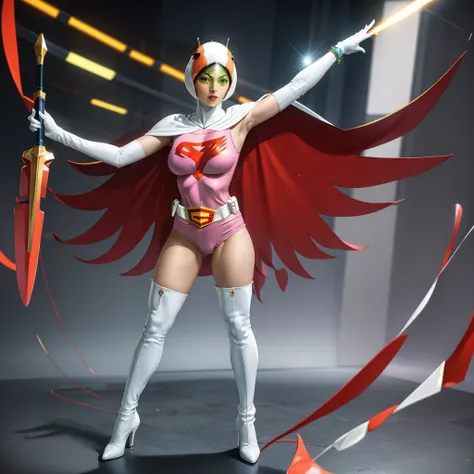 ANI_CLASSIC_jun_gatchaman_ownwaifu,1girl, ,good anatomy, masterpiece, best quality,realistic, hyperrealistic, 16k hdr, long hair,breasts,green eyes,lips,large breasts,lipstick,makeup,gloves,cape,helmet,belt,elbow gloves,white gloves,mask,white tight overkn...