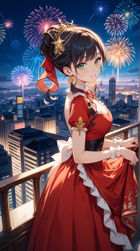 featuring an anime-style character set against a vibrant cityscape backdrop illuminated by fireworks. The character, a young woman with fair skin and large, expressive eyes, has dark hair styled in an elegant updo adorned with a gold hairpiece. She wears a...