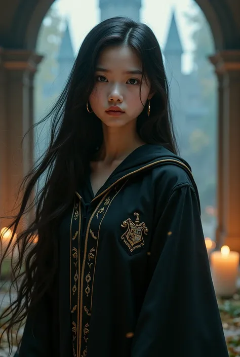 An  girl with fair skin, smooth long black hair and a Howarts robe.