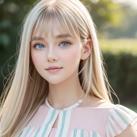 Very white, extremely beautiful, beautiful girl in the world 、 girl with very beautiful pretty face ,beautiful beautiful blond hair ,Half Body Shot,Beautiful long bangs,Beautiful bangs between the eyes, striped hair,Round face、very bright very bright pale ...