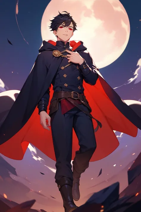 boy, black short hair, red eyes, black cloak, moon