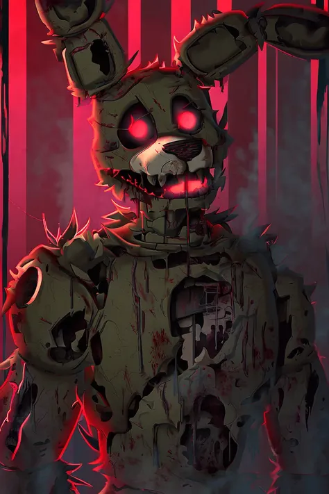 Springtrap from FNaF but more nightmare-ish, darker, and bloody, more flesh and bones exposed, red lighting, and a concrete background*