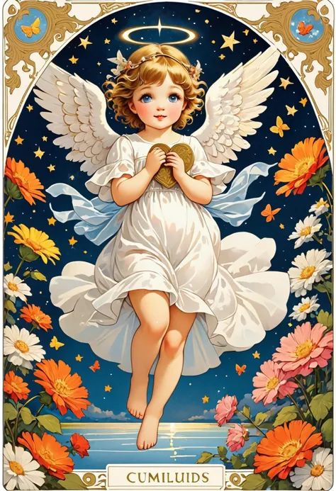  masterpiece fails,  beautiful illustration, cupids , Postcard, милая Postcard,  little angels , tarot style, in white dresses, tarot cards