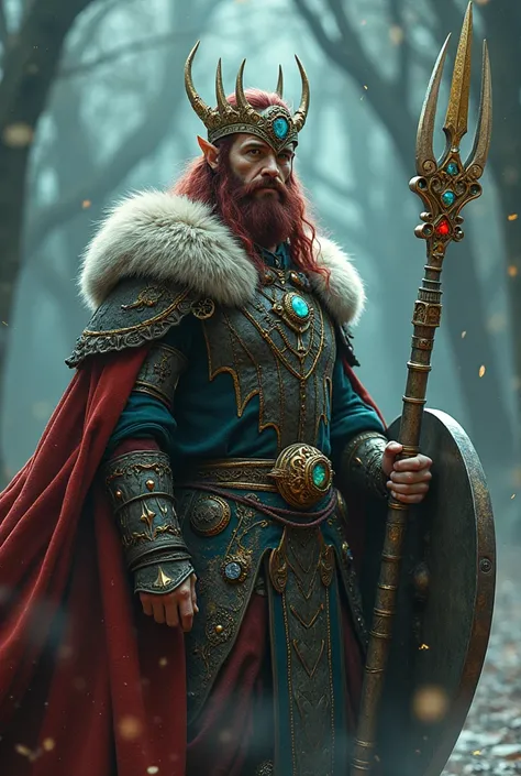 materialized as a valor and regal Viking handsome, muscular slavic Elf with Maroon hair wearing ornamental bone mask, with bone crown that have rainbow gems in it necromancer in Maroon and gold ornamental robes with armour plates in battle pose holding Azu...