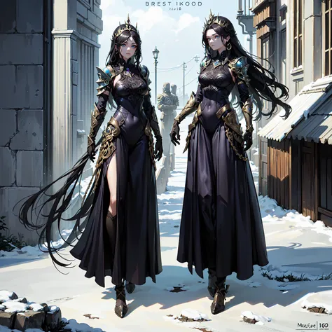 (((masterpiece, best quality, 16k))) Design a layout showcase Gaming character, (1girl). A breathtakingly beautiful young slender female Paladin with long tied, flowing, black hair and intense blue eyes , wearing an ornate godly, white gold armor(extremely...