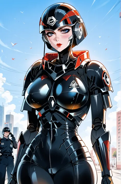 (  top quality  ), (Overall view), Female Robocop,   Huagai with a cool and charming face ,RoboCop Armor    ,  RoboCop helmet  ,    beautiful and sexy young woman , 18 years old,    toned musculature   , Cool and charming    ,  sharp eye, Big Breasted 