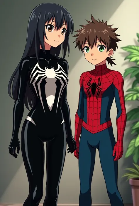 In anime, a girl dressed as Venom  (spiderman)  long black hair brown eyes , con un chico vestido de spiderman, Mullet short brown hair and green eyes make the boy taller than her with short mullet hair and she without bangs with long layered hair 