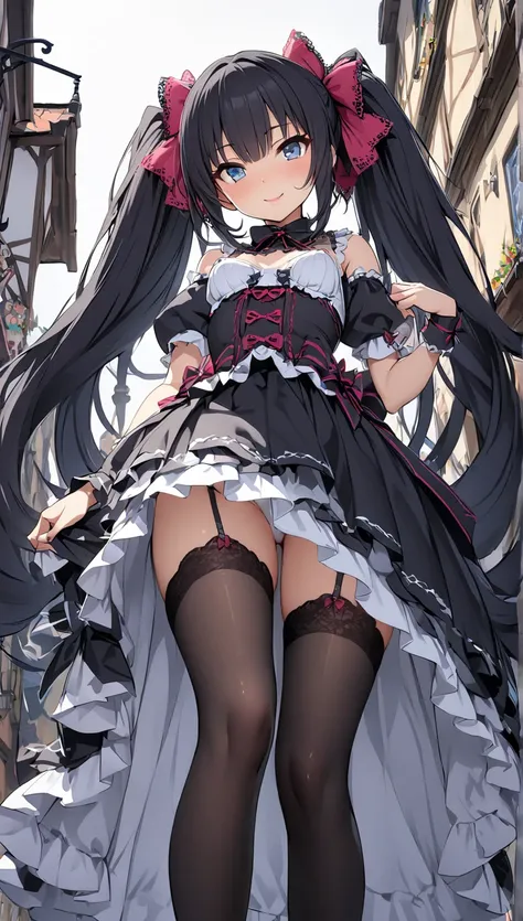 Masterpiece highest quality Unity 8k,、( slim、1 person, cute young woman,  small breasts, black hair、 twin tail hair 、 very long hair 、Long side bangs、Azure Eyes、red large lace hair bow),delicate beautiful eyes , high definition , masterpiece, pictures of g...