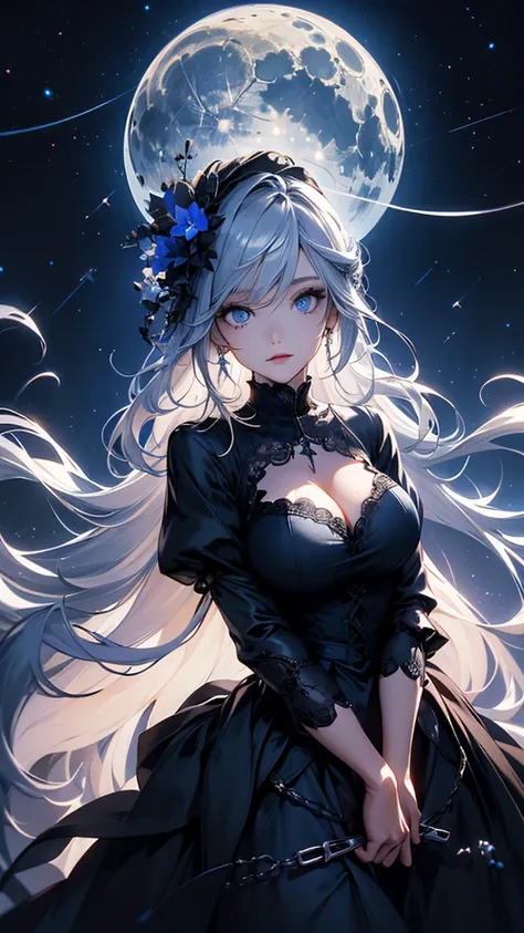 masterpiece, high quality, 4K, Beautiful design, silhouette，Gray Hair， Highly Detailed Starry Sky at Night,Flower Field， wonderful, Finer details,  Very knowledgeable woman, Highly detailed solo, 1 female,blue eyes，Big Breasts，Gothic Lolita Fashion，Night v...