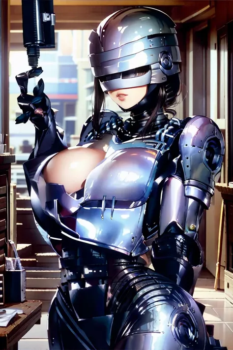 ( top quality ), (Overall view) Cool and charming face of Hugai ,RoboCop Armor  ,  RoboCop helmet  , beautiful sexy young woman doing fellatio {x} , 18 years old,  Toned Muscles , Cool and charming  , Sharp Eye, Big Breasts