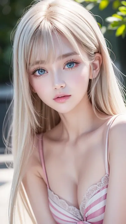 Very white, extremely beautiful, beautiful girl in the world 、 girl with very beautiful pretty face ,beautiful beautiful blond hair ,Half Body Shot,Beautiful long bangs,Beautiful bangs between the eyes, striped hair,Round face、very bright very bright pale ...