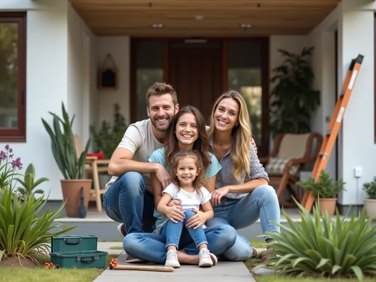 A happy family smiling inside of a newly renovated house, surrounded by toolboxes, ladders, and interior design elements in the background. The house features a modern and cozy facade, with plants in the garden and an atmosphere of personal achievement and...