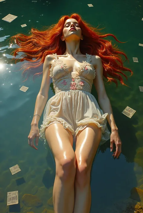 . A wonderful picture, characterized by fine details, of a woman with long flowing and shiny fiery hair. . She is wearing a dress decorated with flowers ,  in a transparent manner that preserves the shape of her sexy and amazing body . The location : The L...