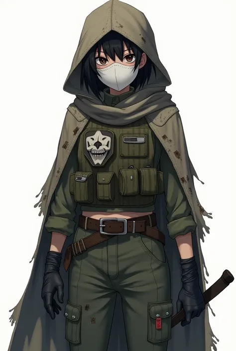 An anime oc with black hair and wearing a white mask,  short hair, thick hood,  medium chest ((. lots of patches , dirty clothes,  Japanese-style full-face mask,  wanderer girl  )) ,mask robot,  torn cape , belt,  magic mask , full body in view , whaite ba...