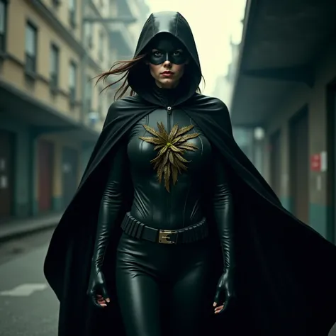 a female black-caped superhero infected by nature, taking a realistic photo