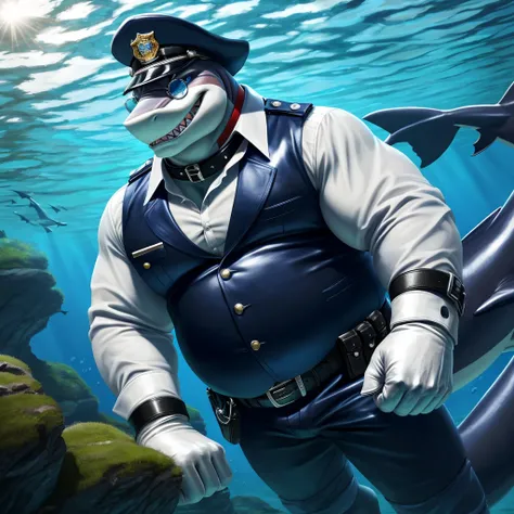 Solo, Male, close up, fat, extremely obese, gentleman, dapper Shark, blue eyes, swimming underwater, (soft shading), 4k, hi res, ((detailed face, detailed)), looking at viewer, evil grin, police station, collared shirt with buttons, hat, male focus, Police...