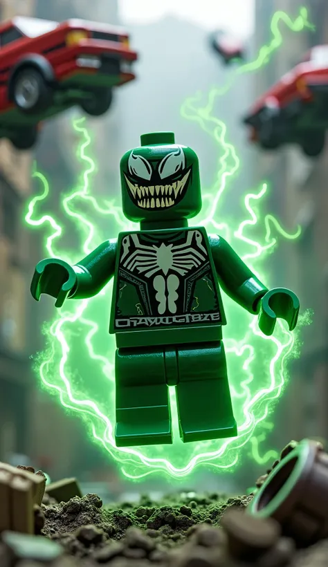 Lego magneto merged with lego venom, floating mid air, green suit, in a scrapyard, bent cars floating around, green lightenings, strong magnetic field, lego.